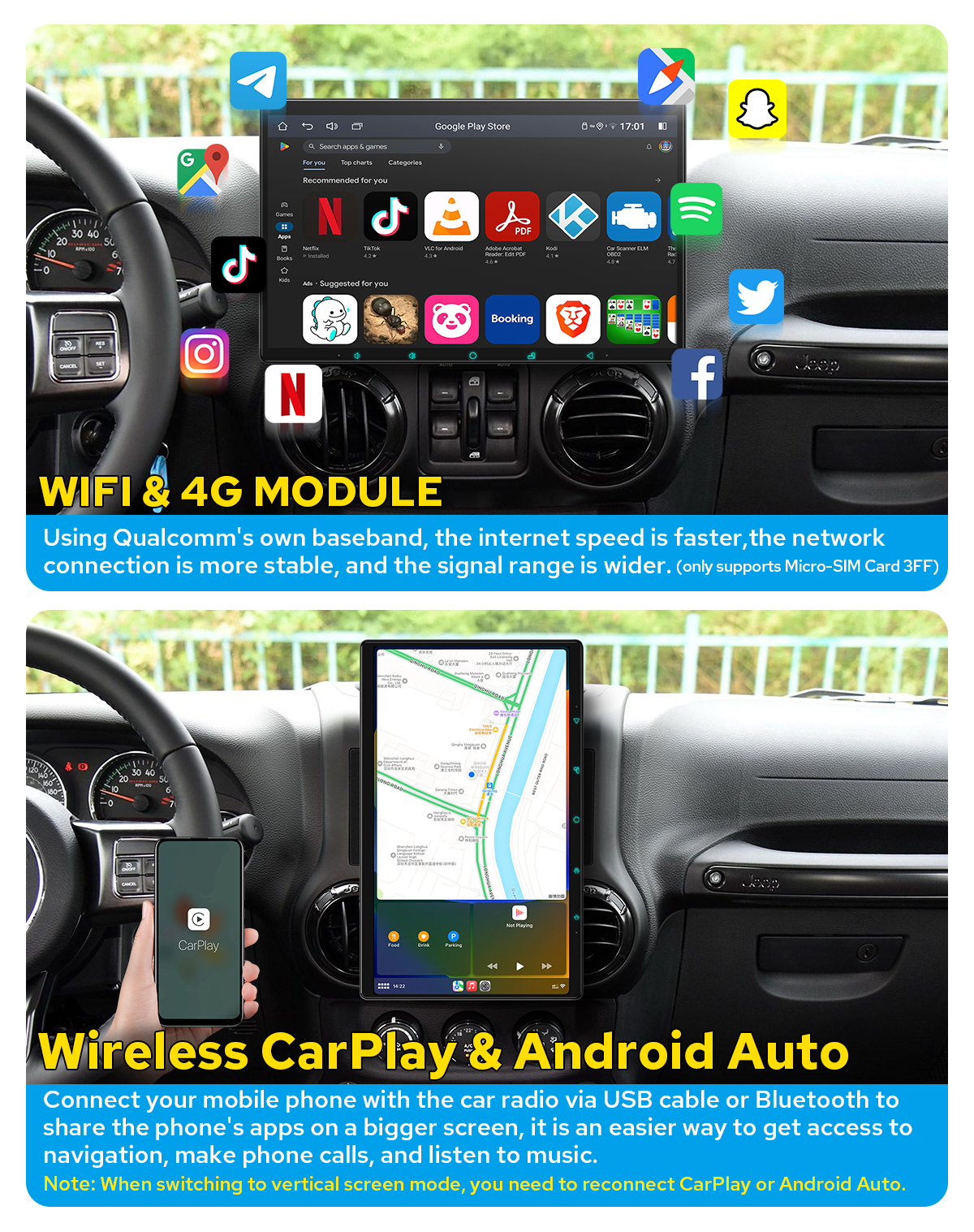 HD 15.1inch Rotatable Screen 1DIN Car Stereo Universal GPS CarPlay/Android Auto 
